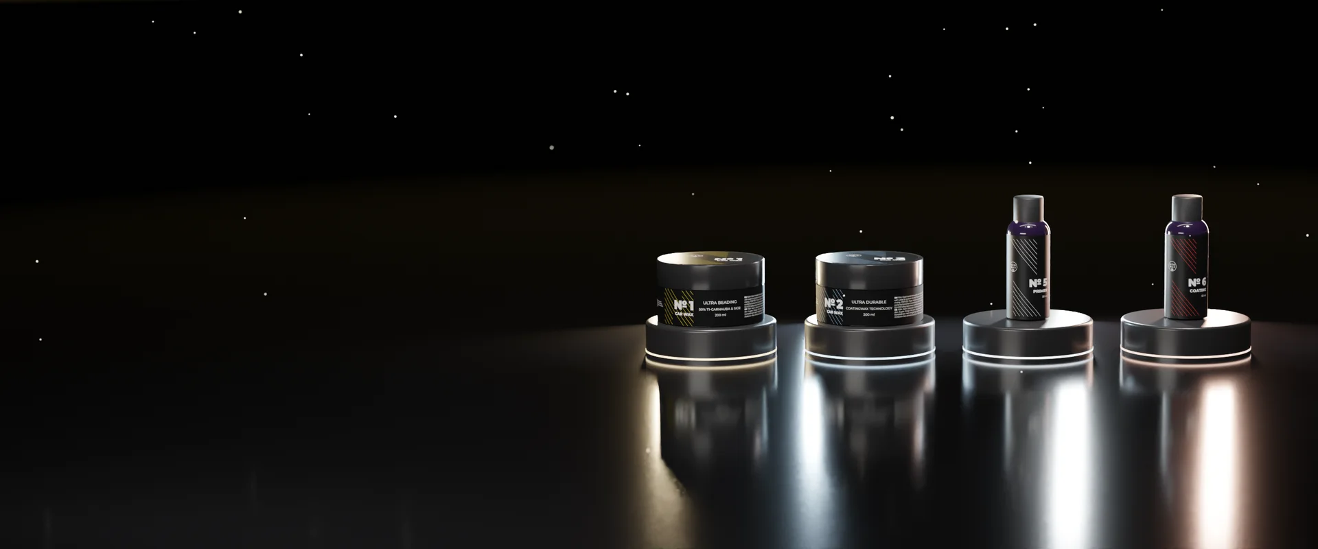 3D-Produktvideo aus ULTRA3: vier Produkte auf beleuchteten Podesten