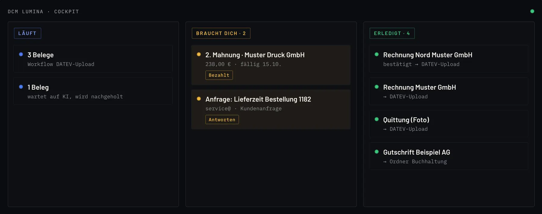 Cockpit von DCM Lumina mit den Spalten Läuft, Braucht dich und Erledigt