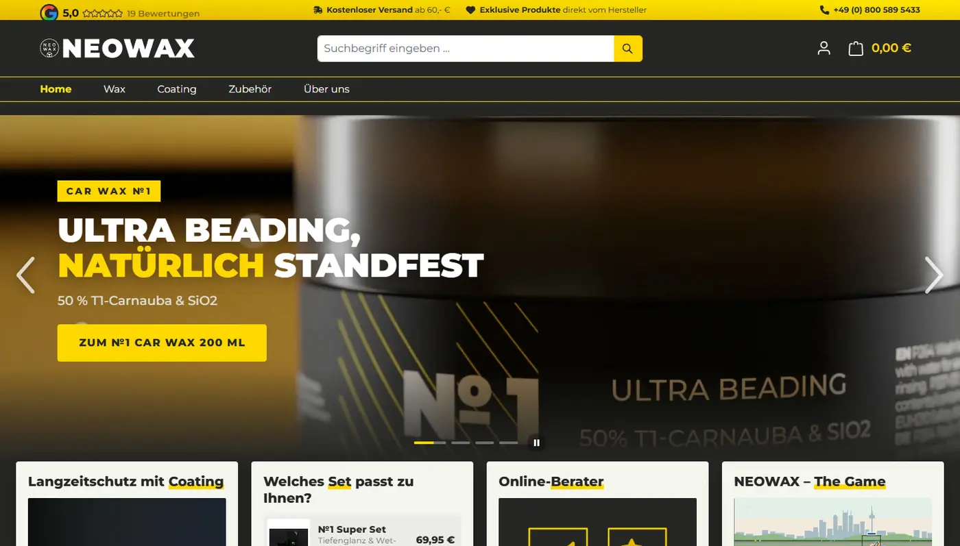 Startseite von neowax.com mit 3D-Produktvideo im Hero