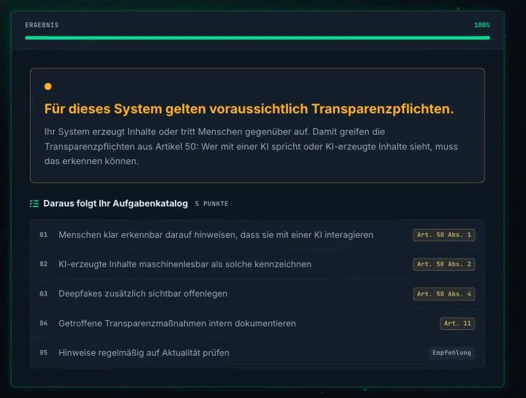 nucompliance: Ergebnis der Einstufung mit Aufgabenkatalog