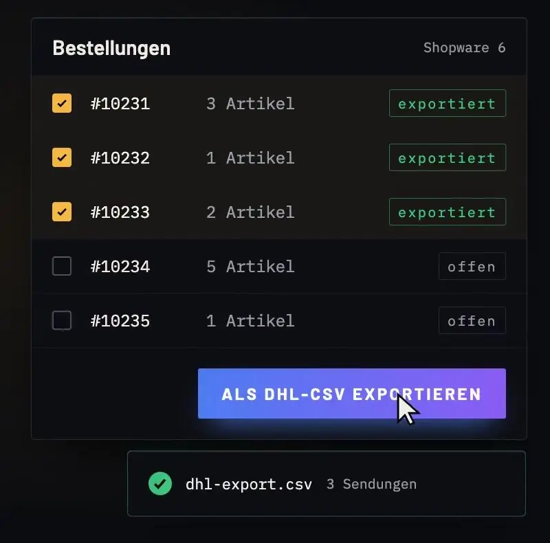 orderplix: Bestellungen markieren und als DHL-CSV exportieren