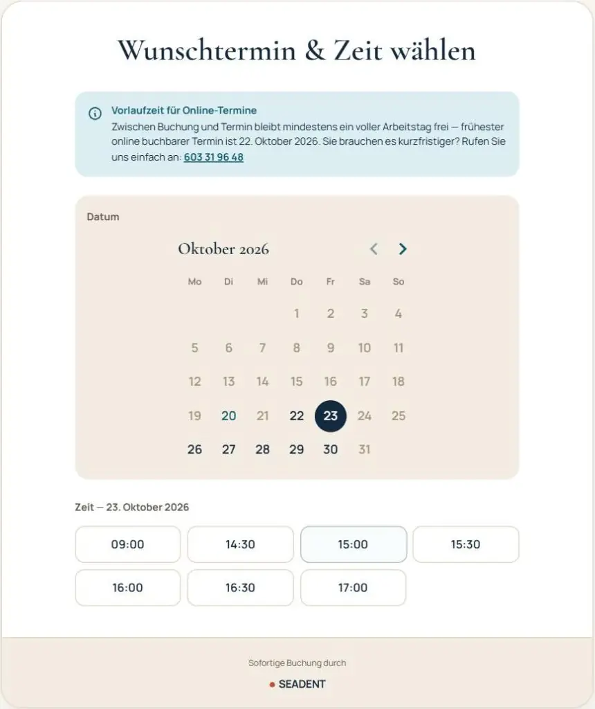 Online-Terminbuchung von SeaDent mit Kalender und freien Zeiten